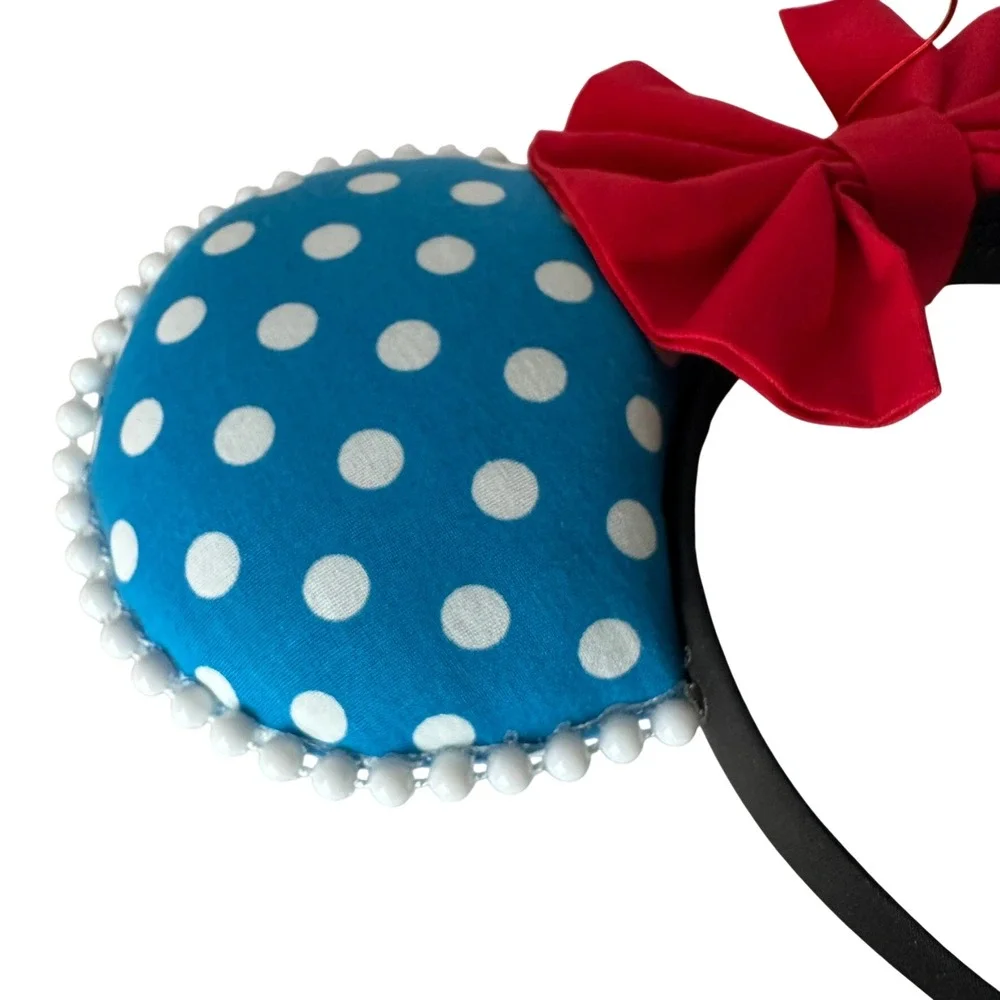 Blue Polka Dot Minnie Mouse Ears Red Bow Daisy Flower Headband